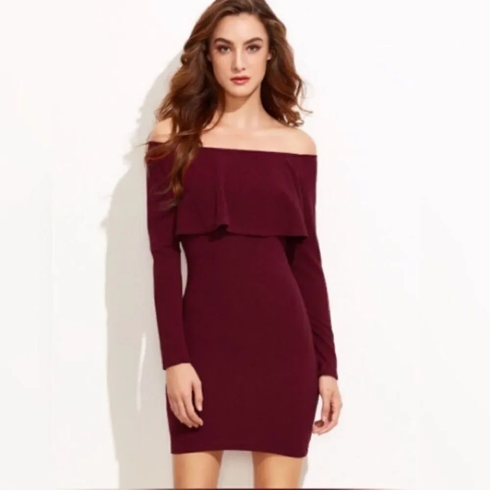 HP Burgundy Off The Shoulder Ruffle Bodycon Dress